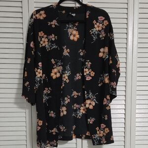 H&M Black Floral Open-Front Kimono with Peach and Pink Blooms